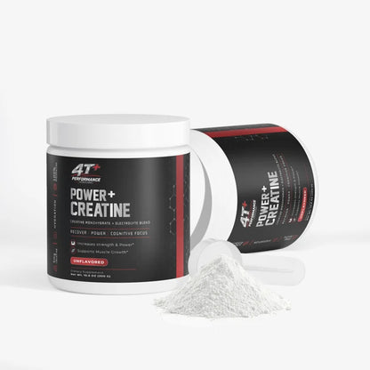 4T Performance Power + Creatine supplement jar with powder and scoop, unflavored for strength and muscle support.