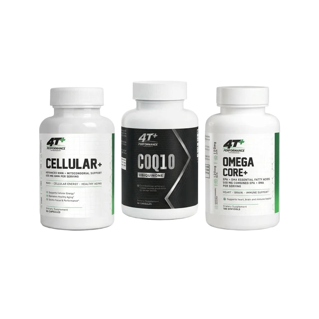 CELLULAR STACK - NMN+ + CoQ10 + Omega-3 bottles for cellular energy and healthy aging support.