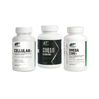 CELLULAR STACK - NMN+ + CoQ10 + Omega-3 bottles for cellular energy and healthy aging support.