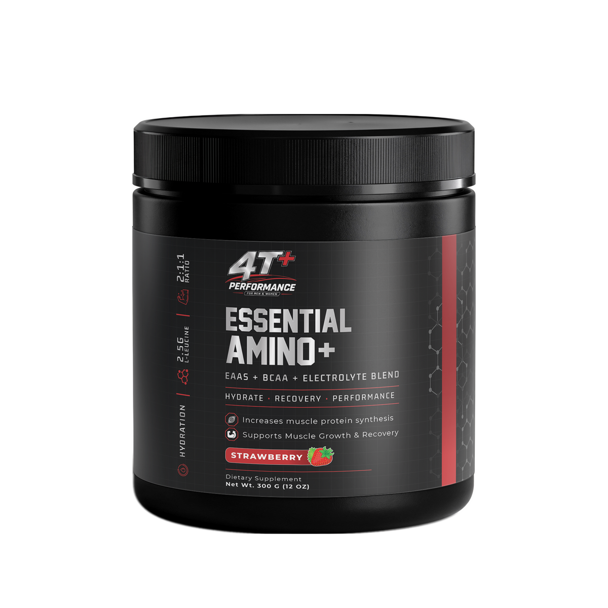 Essential Amino+ with EAAs, BCAAs, and electrolytes in Strawberry flavor for hydration and muscle recovery.