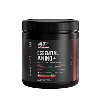 Essential Amino+ with EAAs, BCAAs, and electrolytes in Strawberry flavor for hydration and muscle recovery.