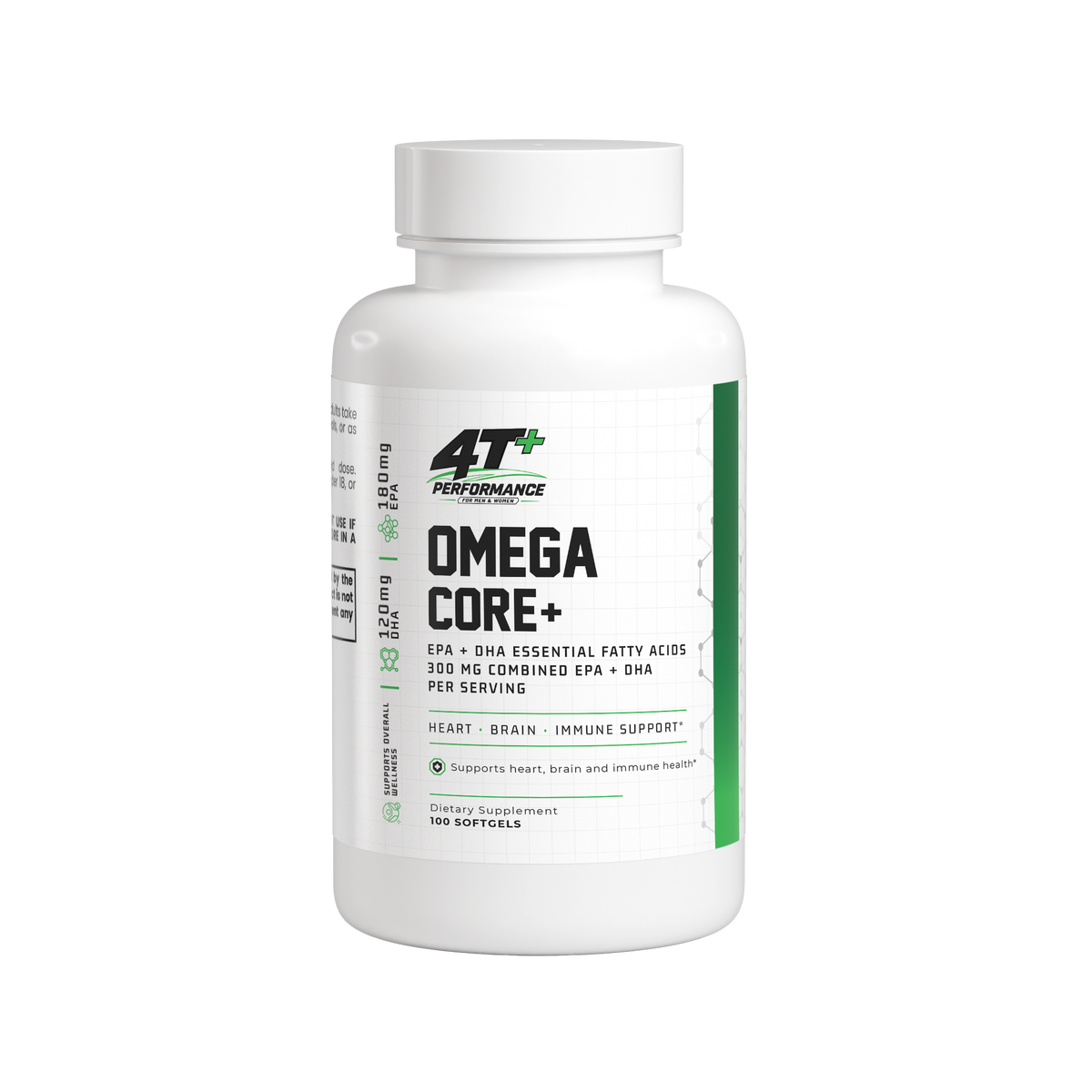 4T Performance Omega Core+ supplement bottle for heart, brain, and immune support with EPA and DHA.